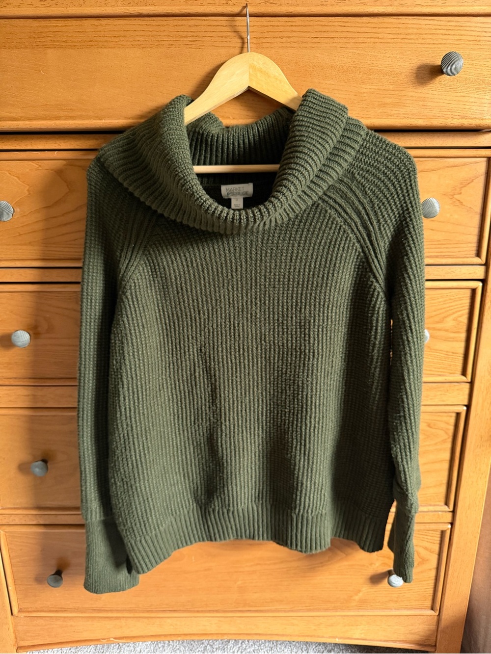 Market & Spruce Dark Green Waffle Knit Turtleneck Sweater Thumb Hole Womens L